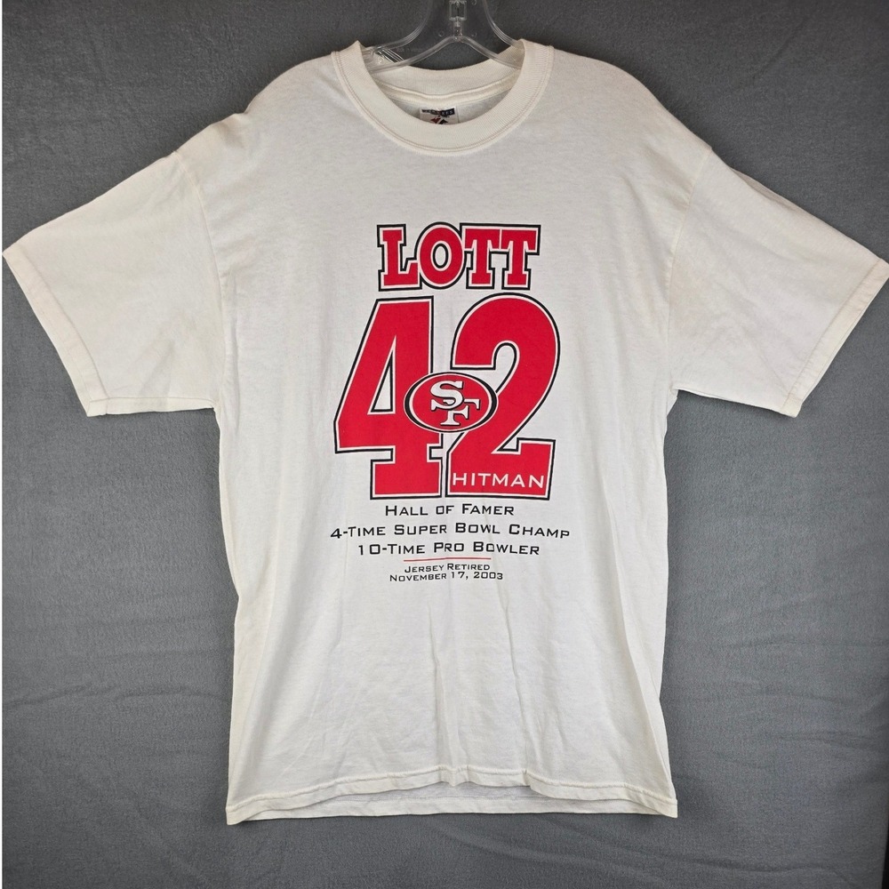 Jerzees T-Shirt Mens Large White Ronnie Lott 42 SF 49ers Hitman Graphic Tee